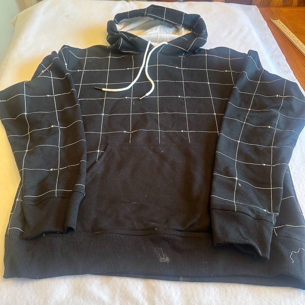 Champion Hoodie Mens M Grid Black Script Logo Pullover Sweatshirt Athletic